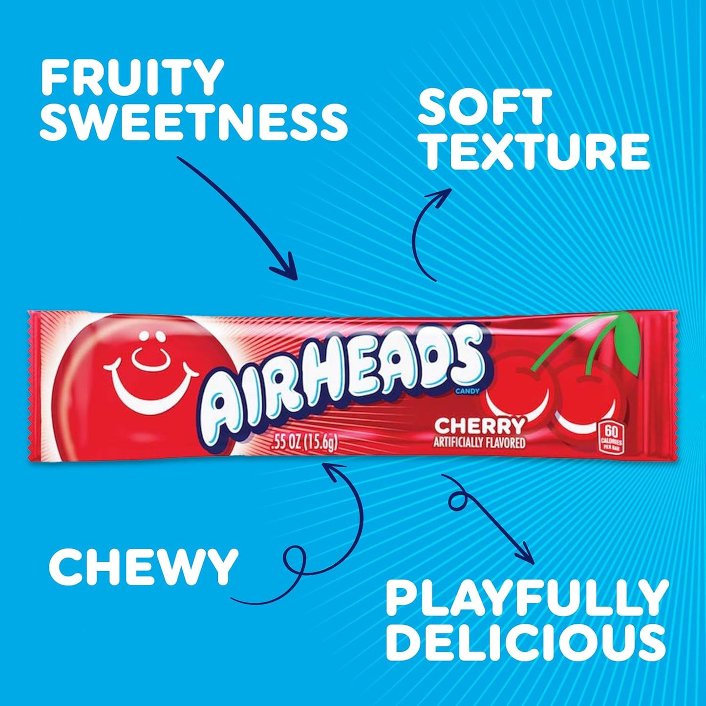 Airheads Full-Size Candy Bars, Taffy Candy Pack, Individually Wrapped Bulk Candy, Cherry Flavor, 36 Count Box