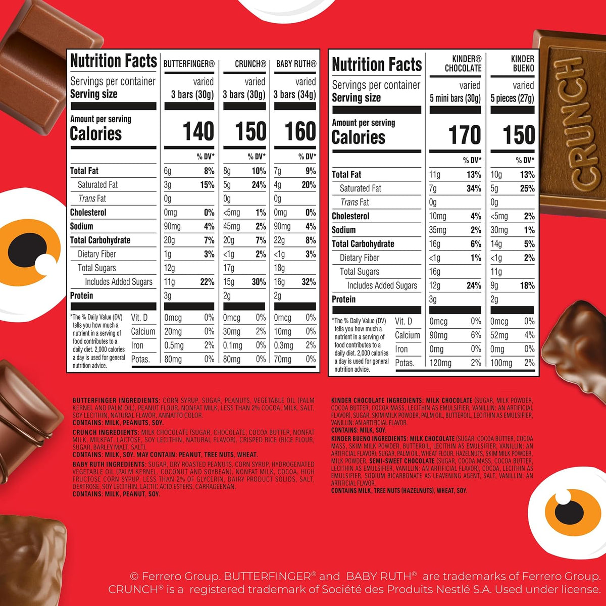 Butterfinger, CRUNCH, 100 Grand, Baby Ruth, Kinder Bueno and Kinder Chocolate, Minis Assorted Halloween Candy Bag, 165 Count, 48.05 Oz
