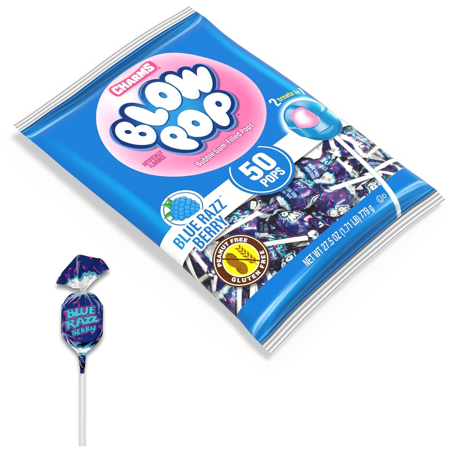 Charms Blow Pop Single Flavor Bag, Blue Raspberry, 50 Count (Pack of 1)