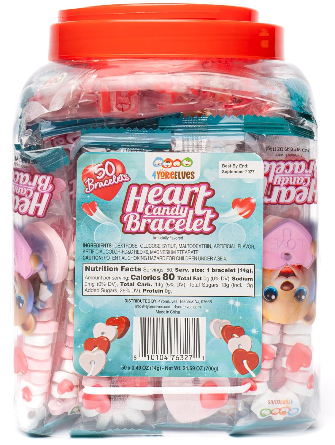 50 Candy Bracelets Individually Wrapped, Heart Candy Beads, Party Favors