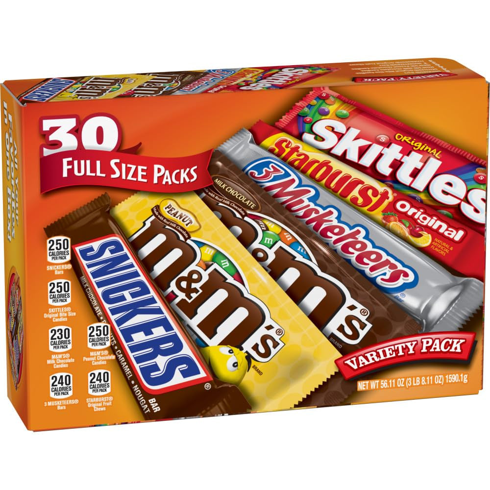 M&M'S, SNICKERS, 3 MUSKETEERS, SKITTLES & STARBURST Variety Pack Full Size Bulk Candy Assortment, 30 Bars