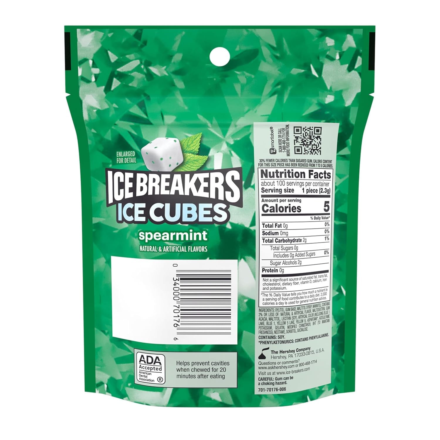 ICE BREAKERS Ice Cubes Spearmint Sugar Free Chewing Gum Pouch, 8.11 Oz (100 Pieces)