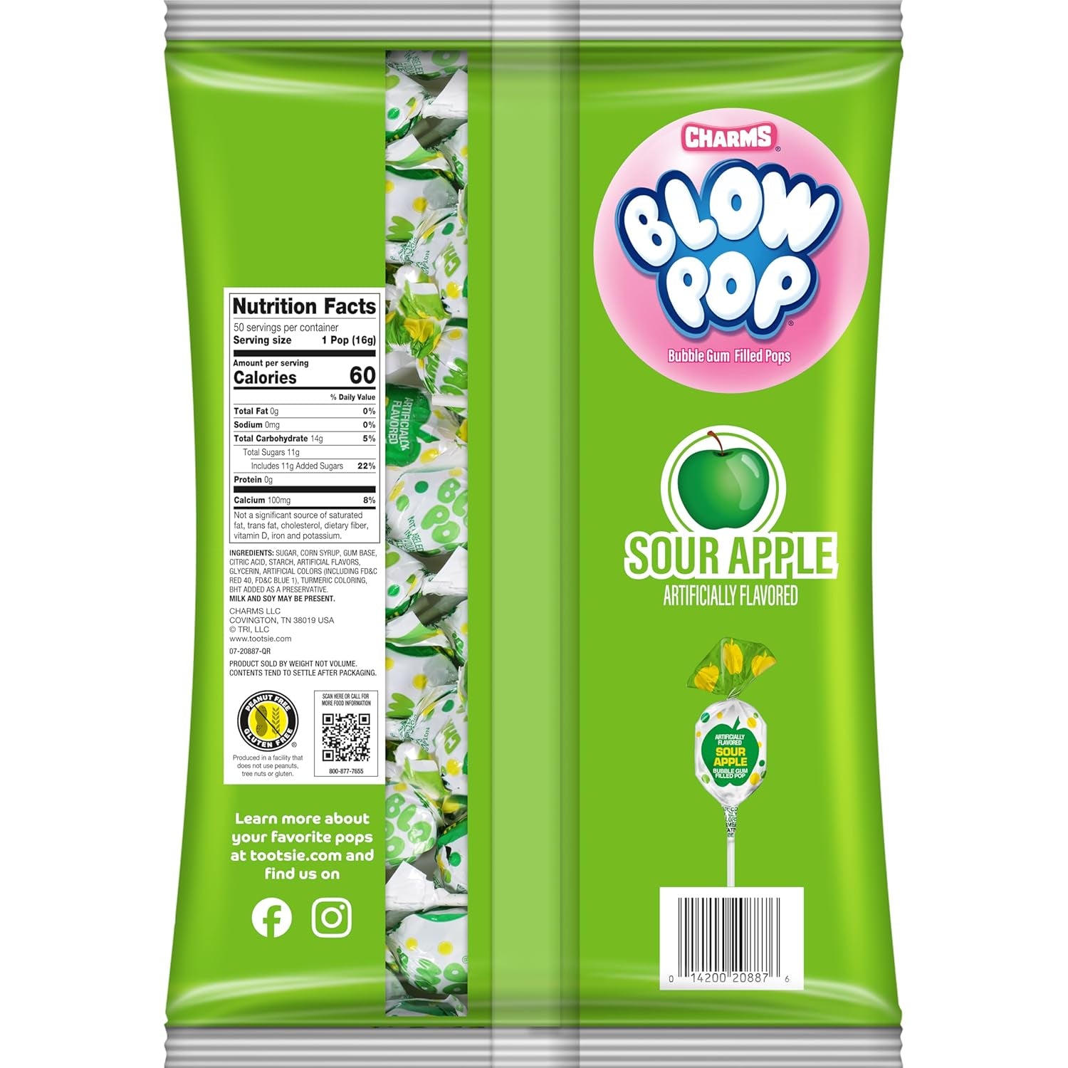 Charms Blow Pop Single Flavor Bag, Sour Apple, 50 Count (Pack of 1)