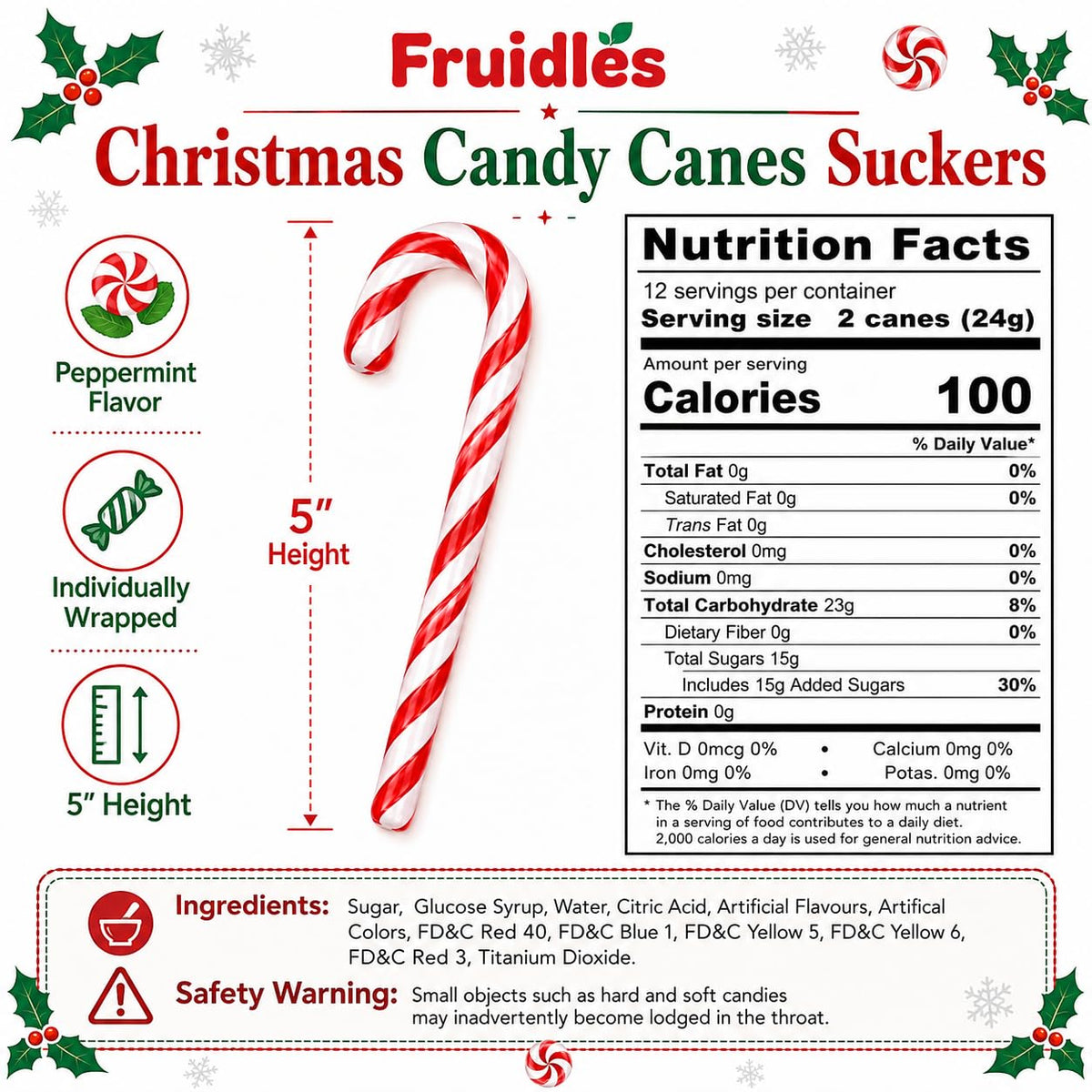 Fruidles Christmas 24-Pack Candy Canes Suckers, Peppermint Flavor, Individually Wrapped