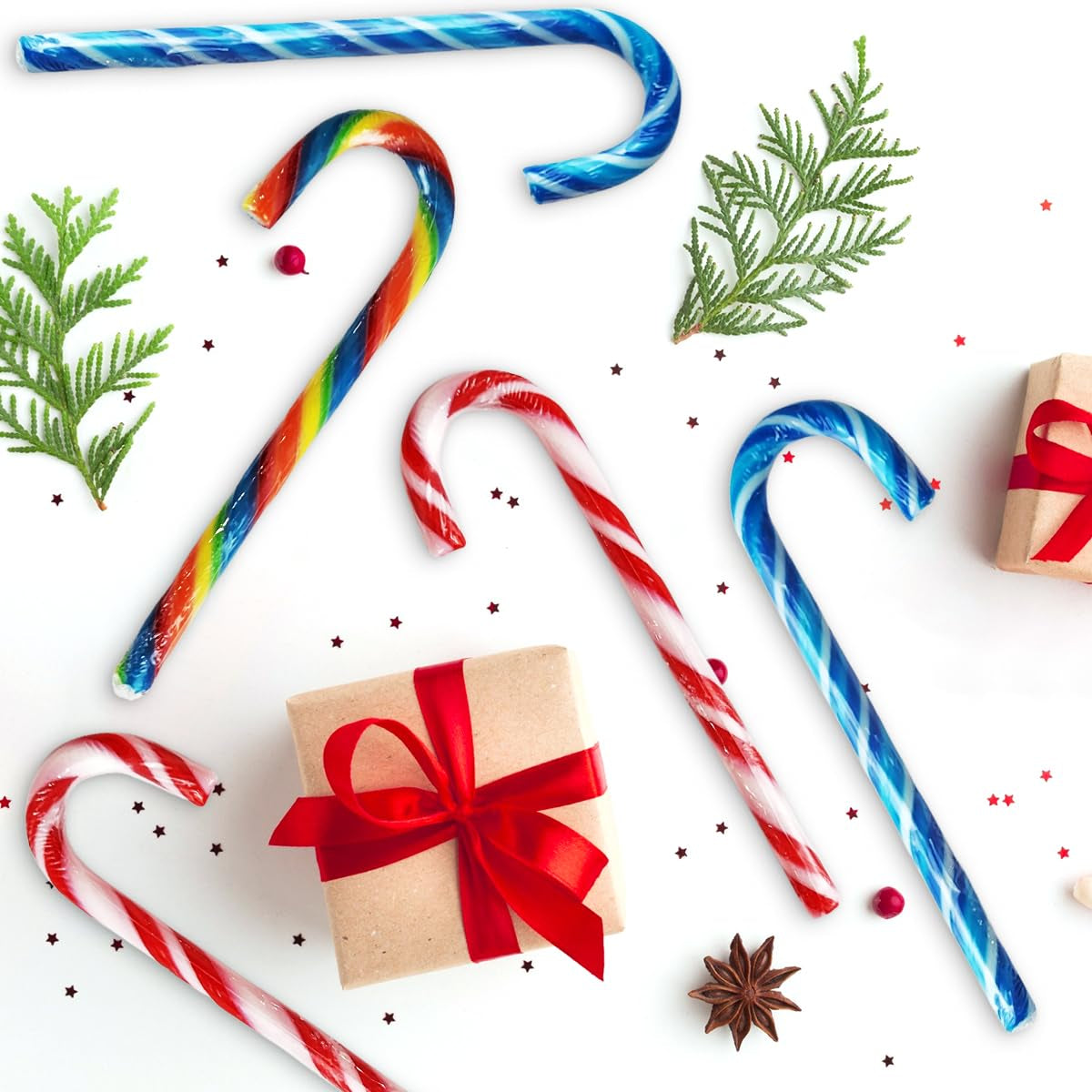 Christmas Candy Canes Tutti Frutti, Blue/White Peppermint, Red and White Cherry Mix Flavors - Bulk Candy Canes Individually Wrapped for Family Holiday Indulgement, Candy Cane Gift Set (50 Count)