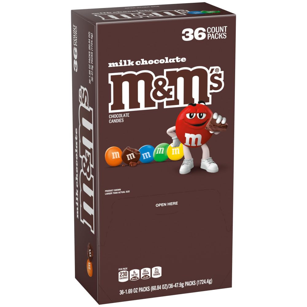 M&M'S Milk Chocolate Candy, Full Size Singles, 1.69 Oz Bag, 36 Pack Bulk 