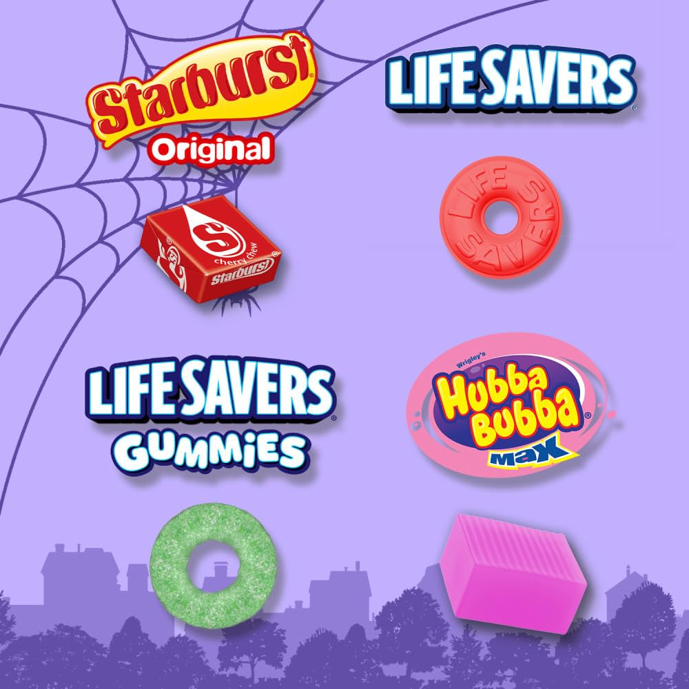 Starburst, Life Savers, Hubba Bubba & Life Savers Gummies Halloween Candy Mix, Assorted Chewy, Bubble Gum, and Hard Candy Individually Wrapped, 95 Ct Variety Bulk Bag