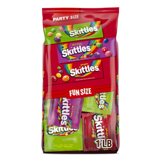 Skittles Fun Size Original, Wild Berry, and Sour Chewy Individually Wrapped Variety Pack, 26.46 Oz