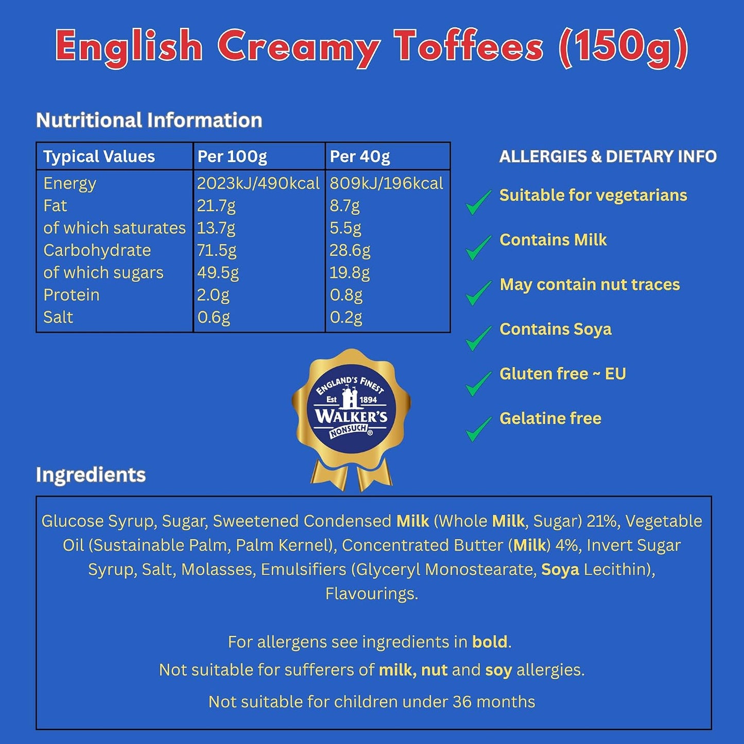 Walkers' Nonsuch English Creamy Toffees with Whole Milk & Butter 5.29 Oz (150G)