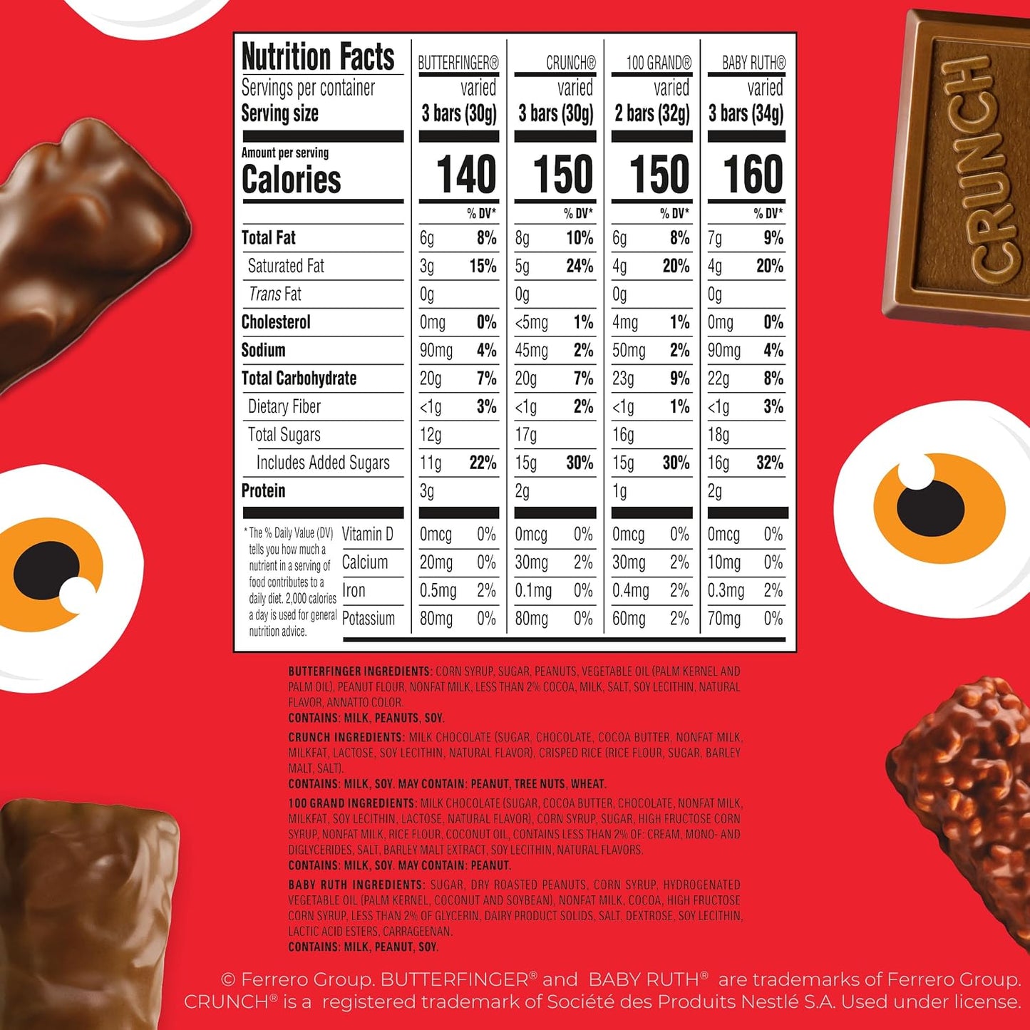 Butterfinger, CRUNCH, Baby Ruth, 100 Grand Assorted Halloween Candy Bars, 100 Count Pack, 40.7 Oz