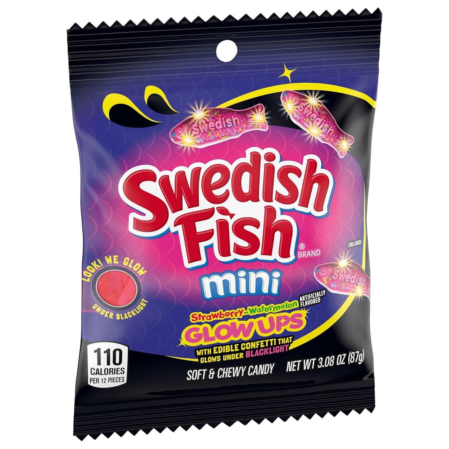 SWEDISH FISH Mini Glow Ups Strawberry-Watermelon Soft & Chewy Gummy Candy, 12-3.08 Oz Bags