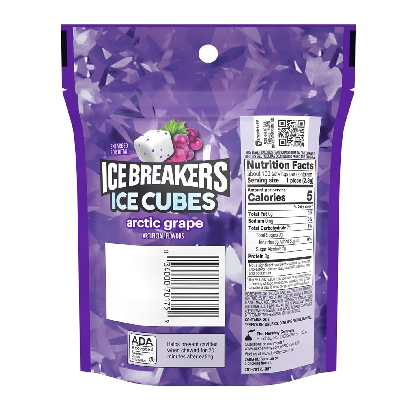 ICE BREAKERS Ice Cubes Arctic Grape Flavored Sugar Free Chewing Gum Pouch, 8.11 Oz (100 Pieces)