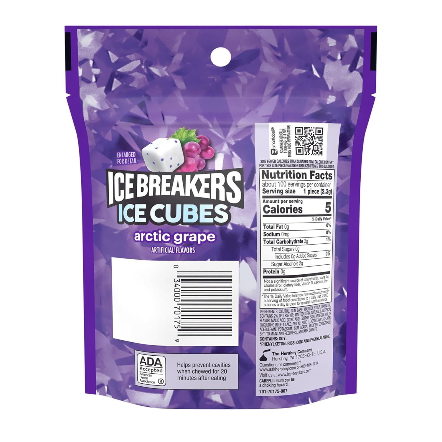 ICE BREAKERS Ice Cubes Arctic Grape Flavored Sugar Free Chewing Gum Pouch, 8.11 Oz (100 Pieces)