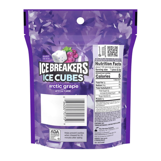 ICE BREAKERS Ice Cubes Arctic Grape Flavored Sugar Free Chewing Gum Pouch, 8.11 Oz (100 Pieces)