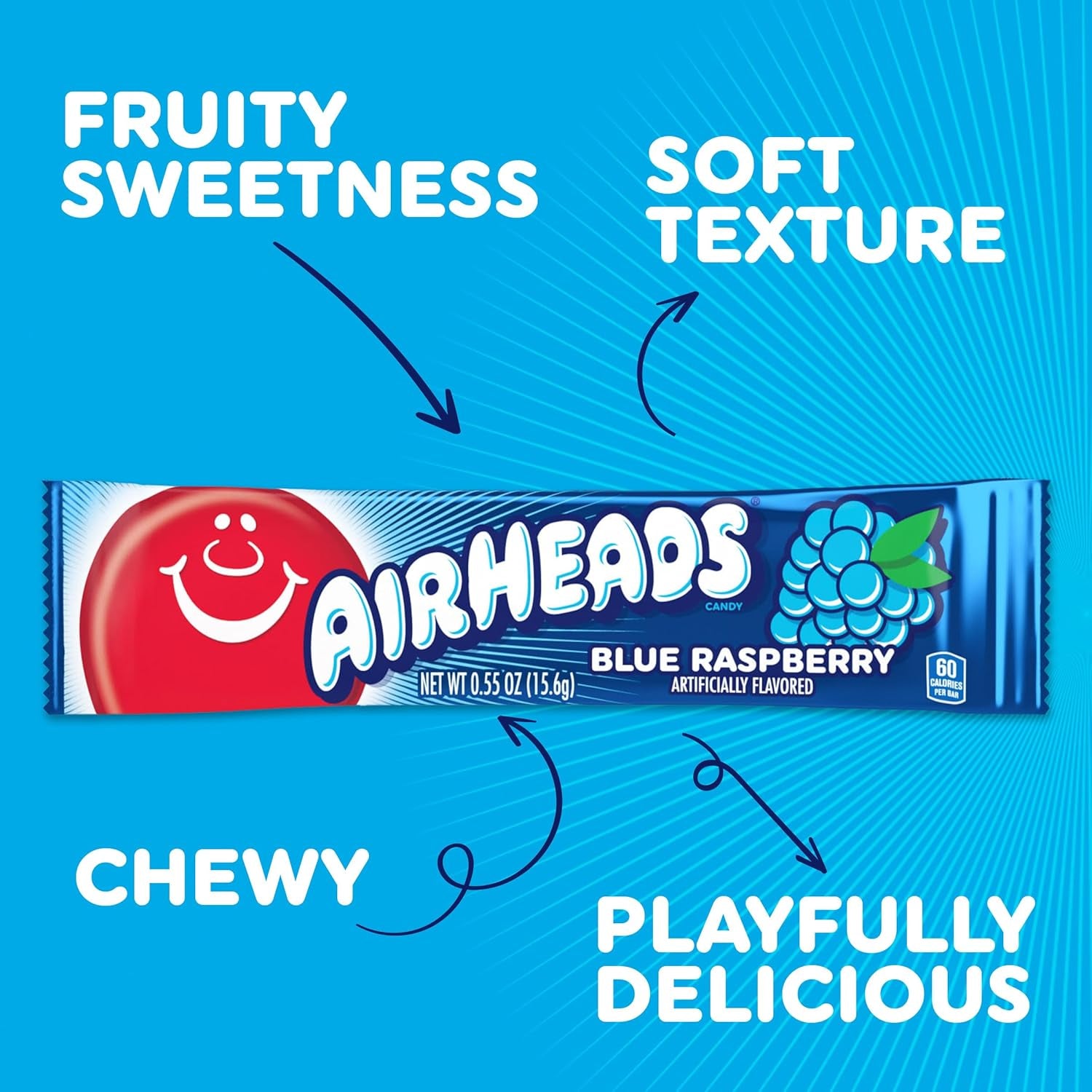 Airheads Full-Size Candy Bars, Taffy Candy Pack, Individually Wrapped Bulk Candy, Blue Raspberry Flavor, 36 Count Box