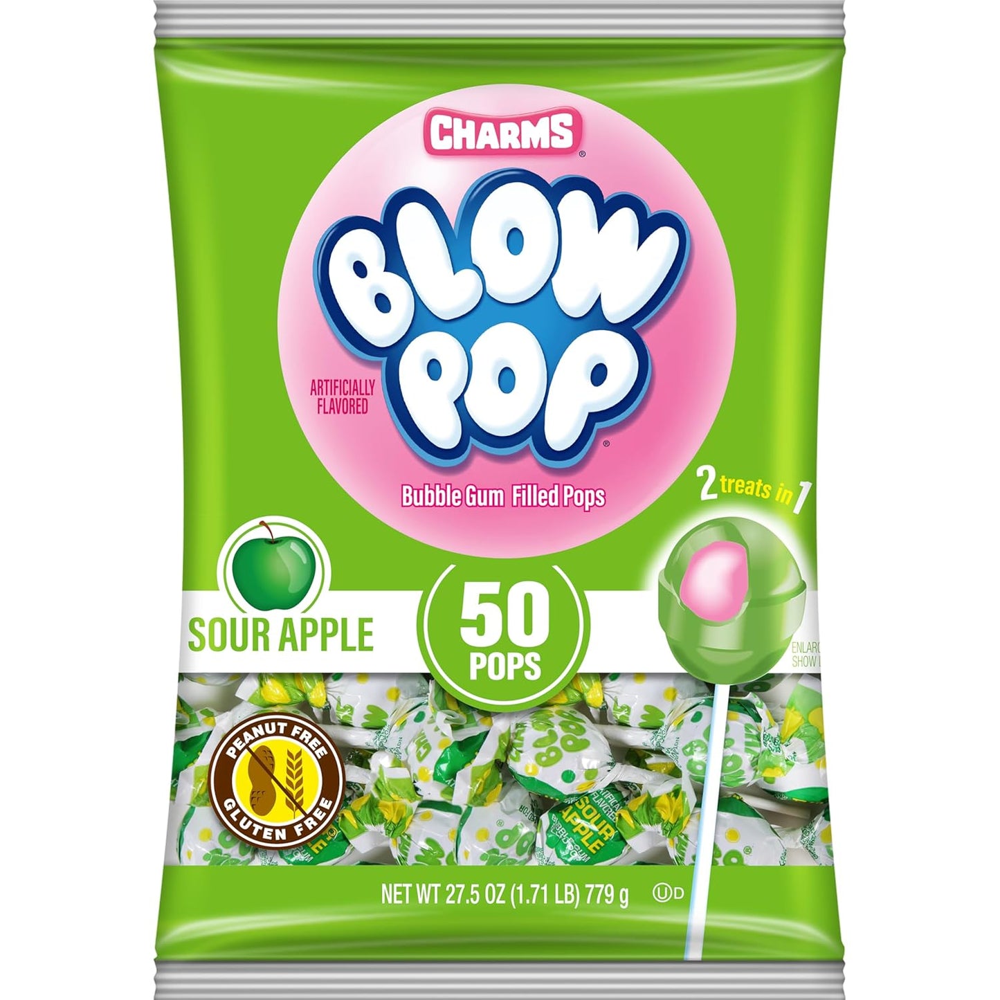 Charms Blow Pop Single Flavor Bag, Sour Apple, 50 Count (Pack of 1)