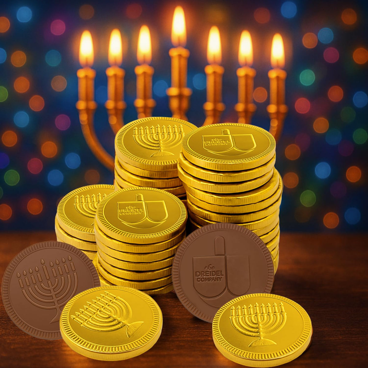 The Dreidel Company 25-Pack Hanukkah Milk Chocolate Gold Coins, Hanukkah Dreidel & Menorah Design Gelt, Non GMO, Kosher Certified OU-D (25-Pack)