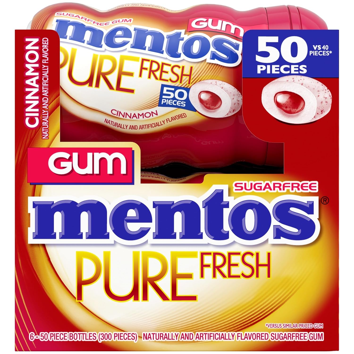 Mentos Sugar Free Gum with Xylitol, Cinnamon, 50 Piece Bottle (6 Pack) 