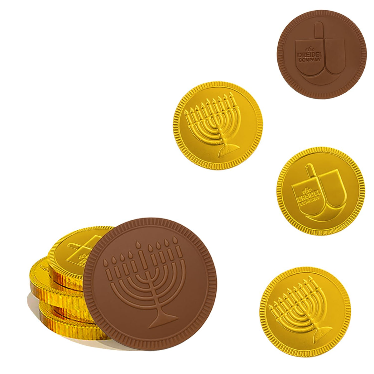 The Dreidel Company 25-Pack Hanukkah Milk Chocolate Gold Coins, Hanukkah Dreidel & Menorah Design Gelt, Non GMO, Kosher Certified OU-D (25-Pack)
