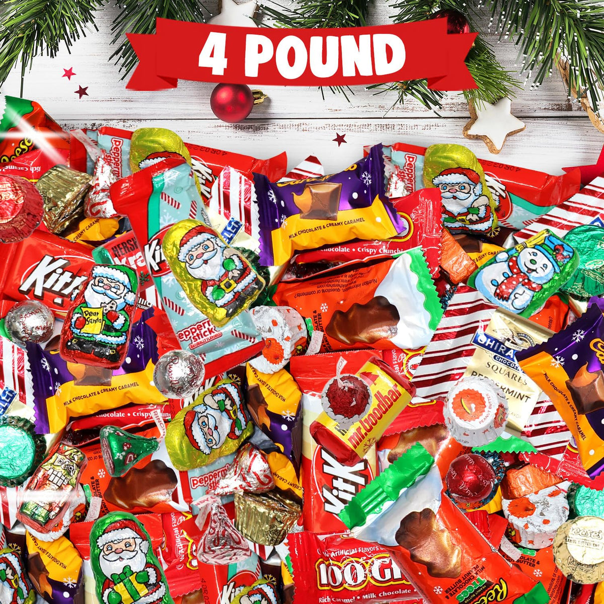 Bulk Christmas Candy Chocolate Variety Mix 4 LB - Individually Wrapped Assorted Holiday Themed Chocolates Assortment for Classroom Candies, Bowls, Parties, Stockings & Gift Bags