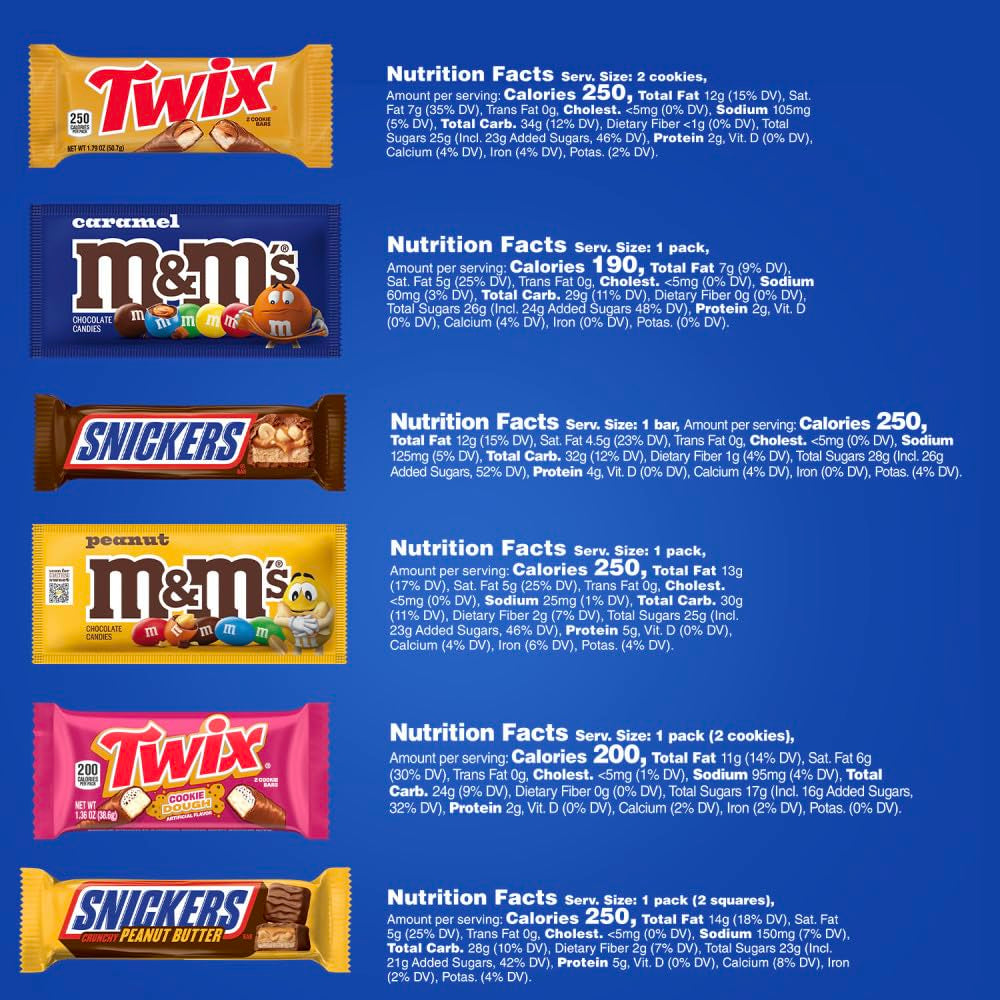 M&M'S Peanut, M&M'S Caramel, SNICKERS Original, SNICKERS Peanut Butter, TWIX Original and TWIX Salted Caramel Full Size 18 Ct Box