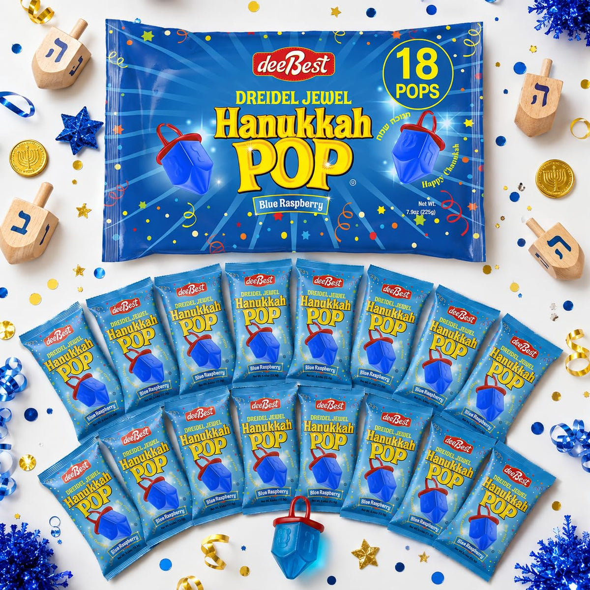 Hanukkah Dreidel Ring Shape Candy Lollipop Dreidels Blue Raspberry 18 Pops
