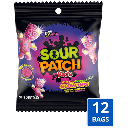 SOUR PATCH KIDS Glow Ups Strawberry-Watermelon Soft & Chewy Gummy Candy, Bulk Candy, 12-3.08 Oz Bags