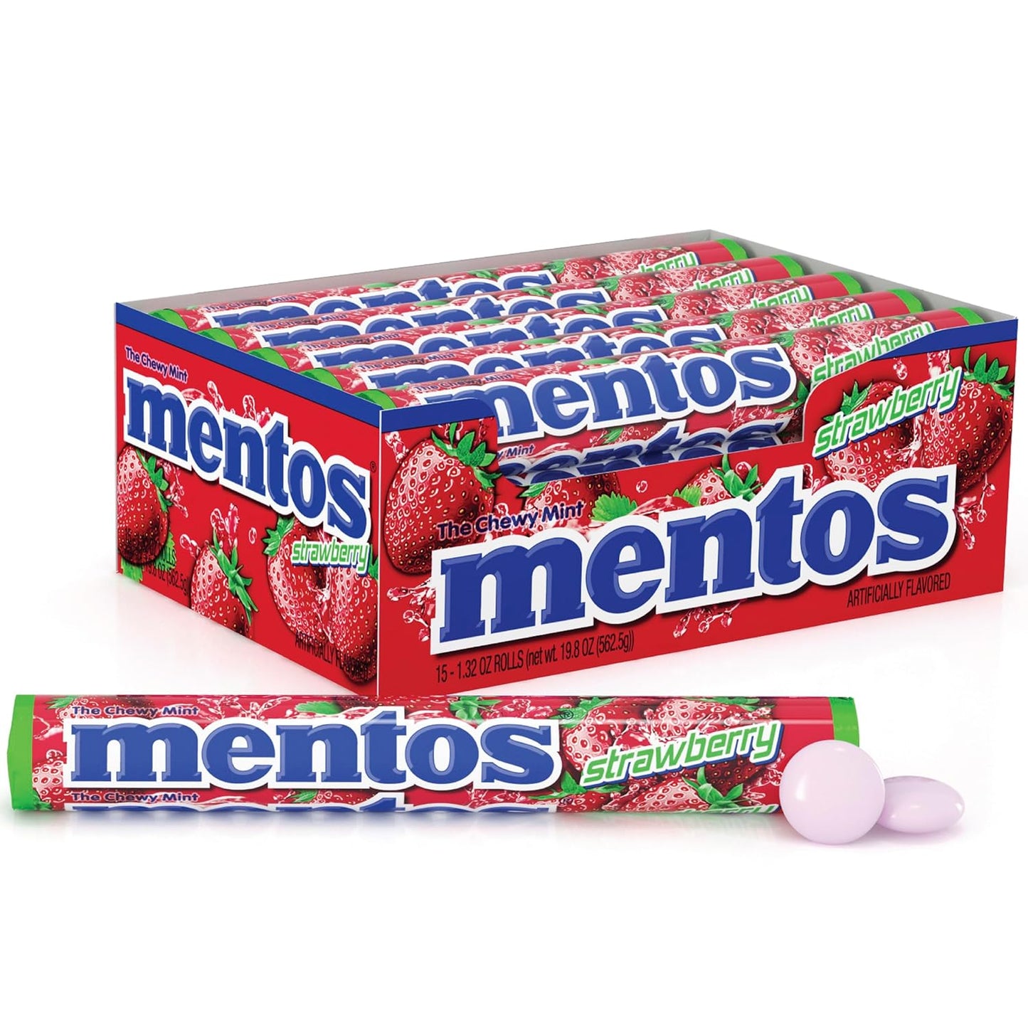 Mentos Chewy Mint Candy Roll, Strawberry, 14 Pieces per Roll, 15 Count Pack