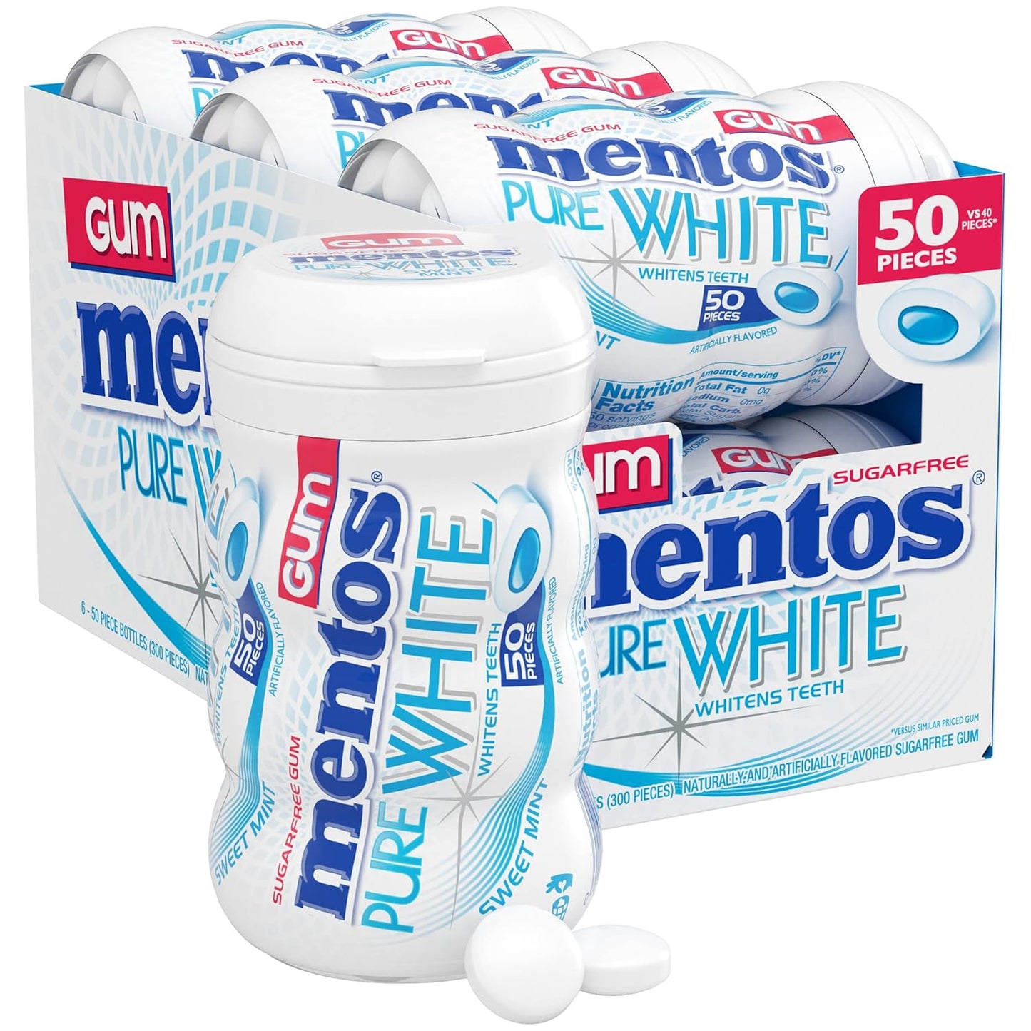 Mentos Pure White Sugar Free Gum, Sweet Mint, 50 Piece Bottle (6 Pack)