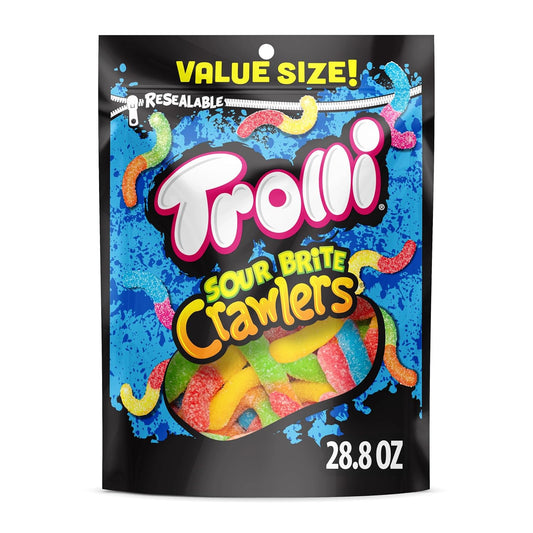 Trolli Sour Brite Crawlers, Candy, Cherry-Lemon, Strawberry-Grape & Orange-Lime, Sweet and Sour, Gummy Worms, Halloween Treat, 28.8 Oz