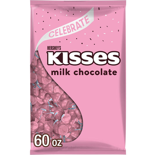 HERSHEY'S KISSES Milk Chocolate Candy Bulk Bag, Pink Foils, 60 Oz
