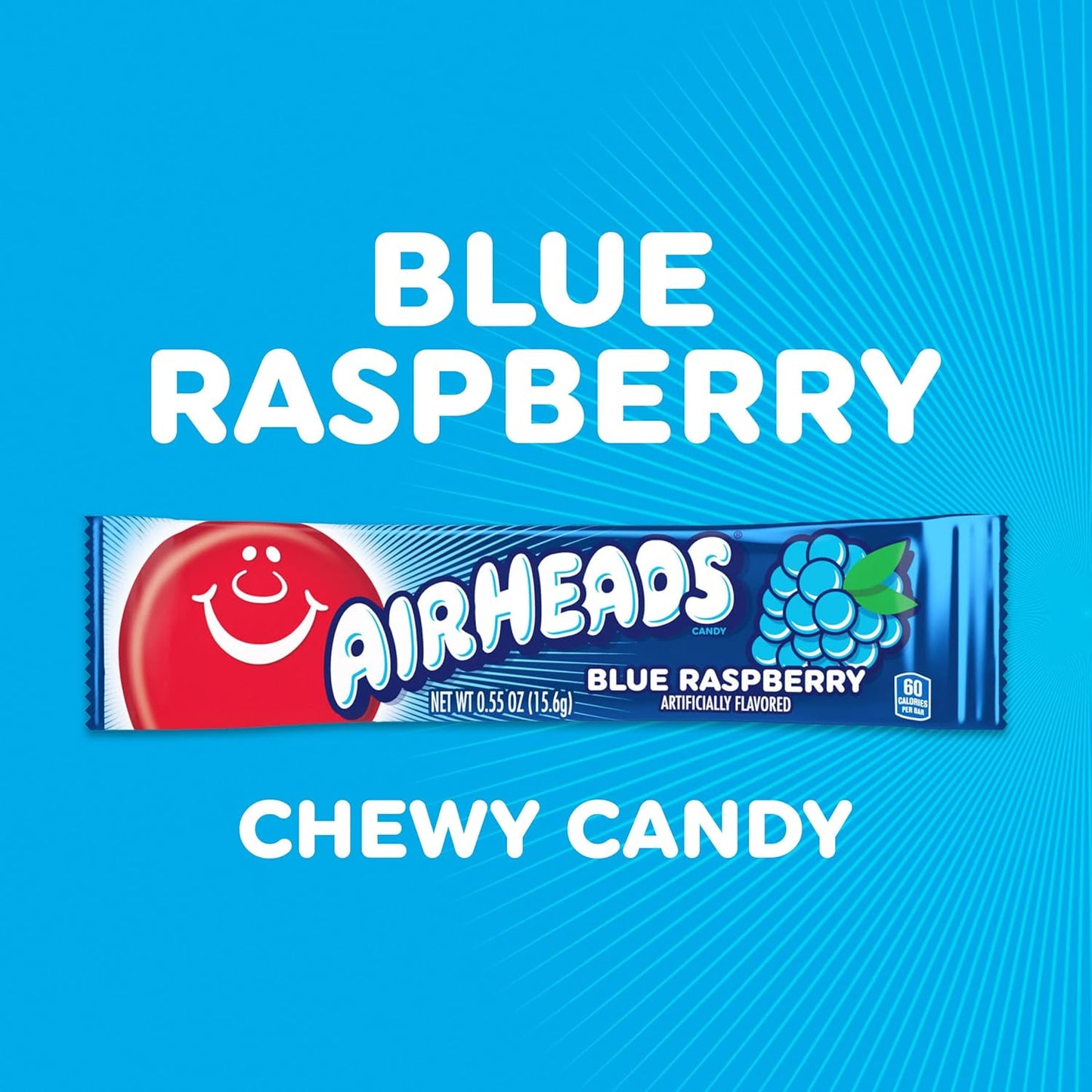 Airheads Full-Size Candy Bars, Taffy Candy Pack, Individually Wrapped Bulk Candy, Blue Raspberry Flavor, 36 Count Box