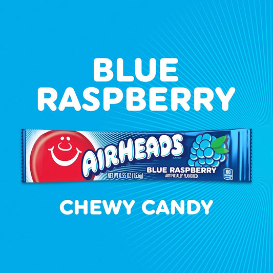 Airheads Full-Size Candy Bars, Taffy Candy Pack, Individually Wrapped Bulk Candy, Blue Raspberry Flavor, 36 Count Box