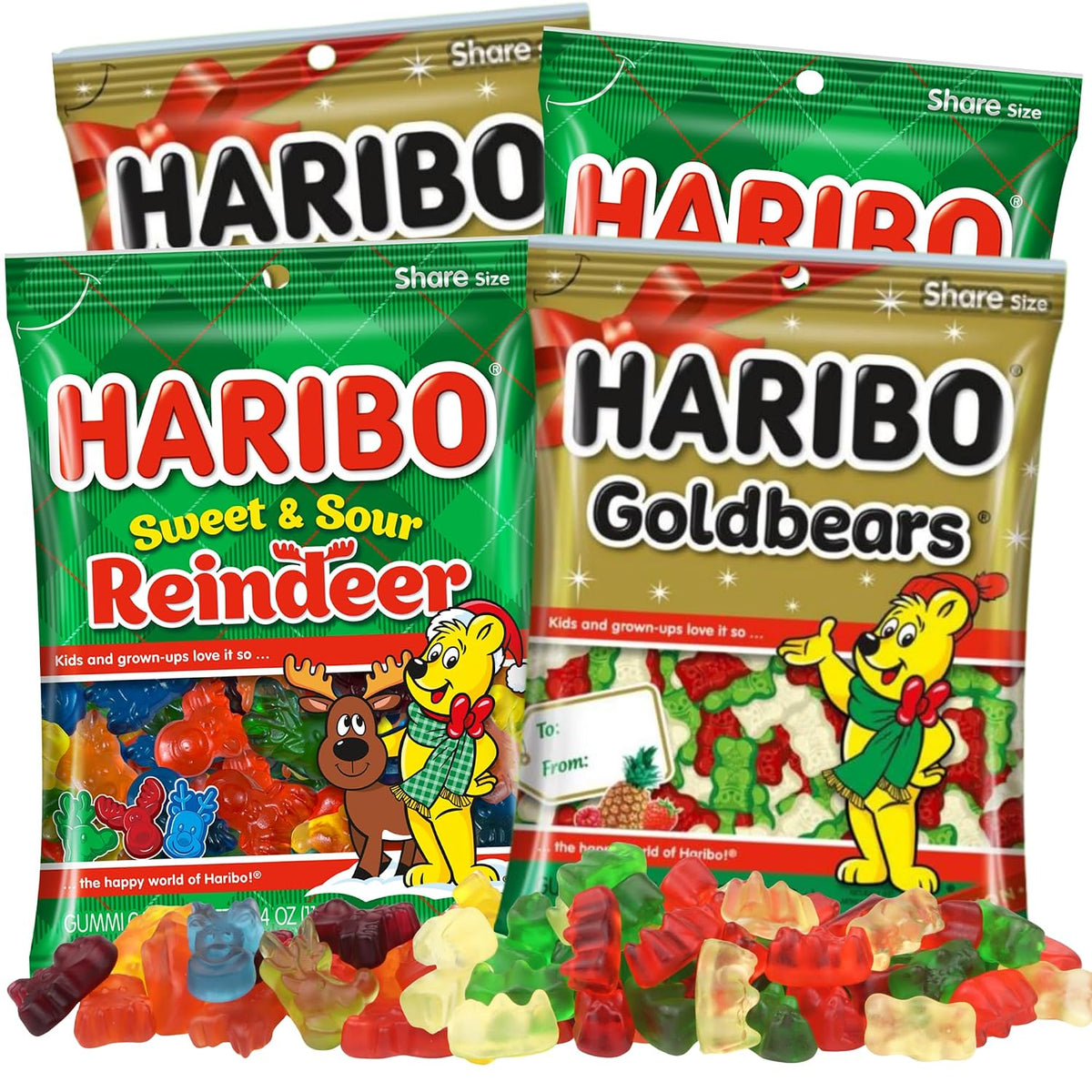2 Christmas Gummy Bears, 2 Sweet and Sour Reindeer Gummies, Assorted Flavors, Sharable Bags, 4 Ounces (Pack of 4)