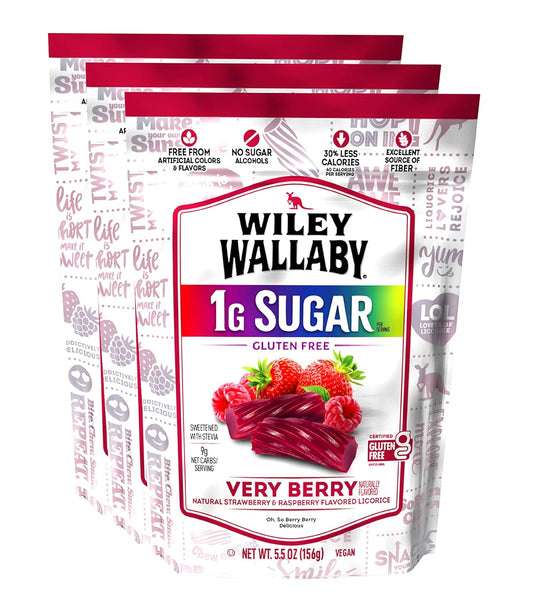 Wiley Wallaby Low Sugar Gluten Free Very Berry Licorice Candy, 5.5Oz, 3Pk
