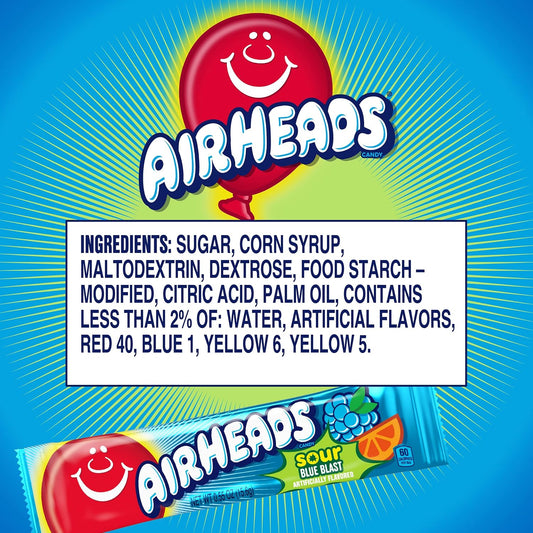 Airheads SOUR Candy Bars, Sour Blue Blast Flavored, Bulk, Pack of 36 Bars