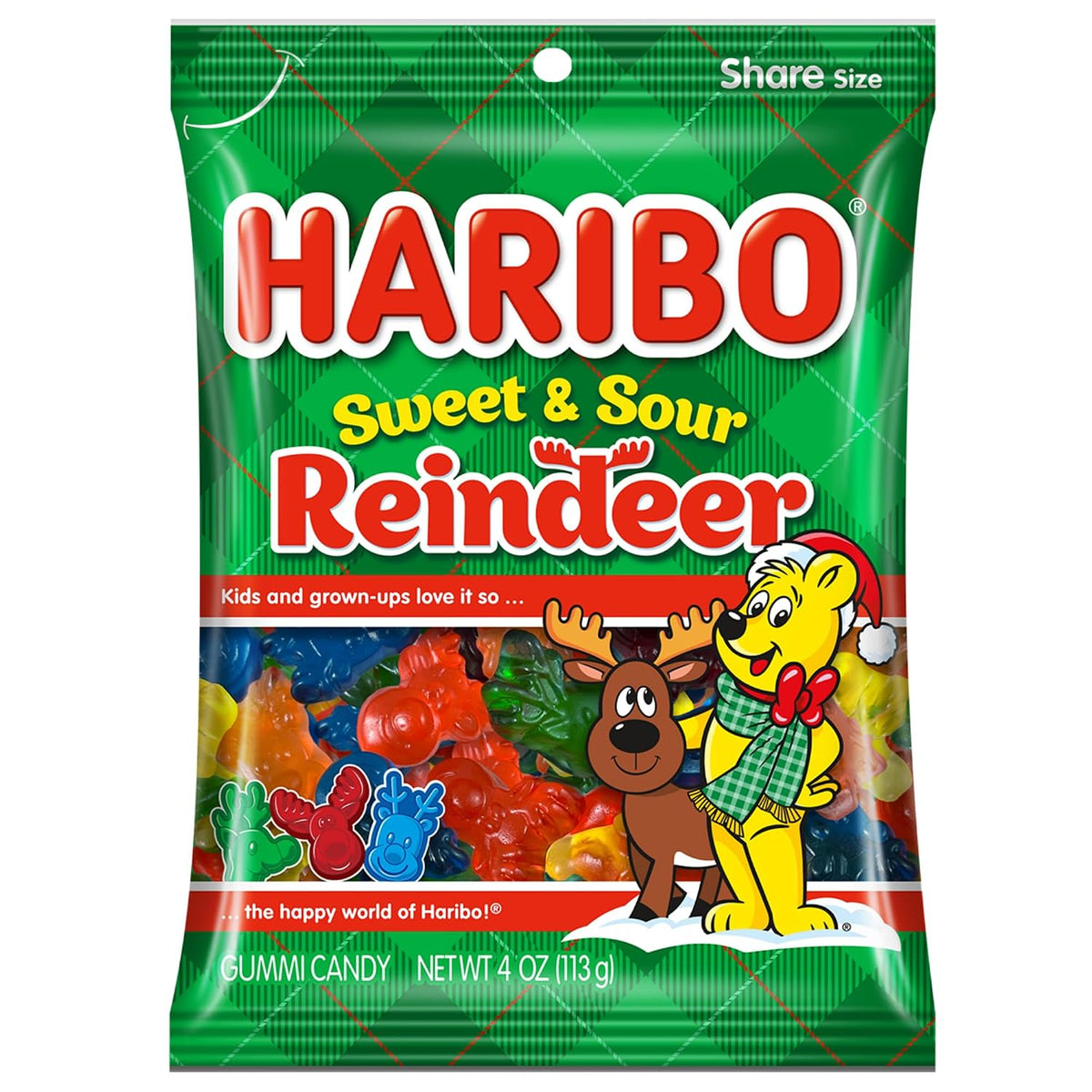 Haribo Sweet and Sour Reindeer, Assorted Fruit Flavored Gummy Candies, 4 Ounces (Pack of 12)