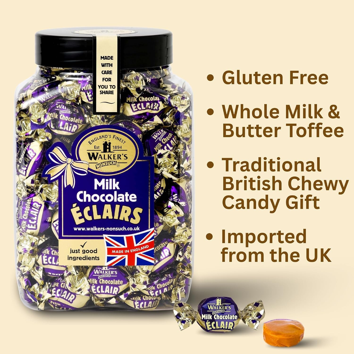 Walkers Nonsuch English Milk Chocolate Toffee Eclairs Jar, Whole Milk & Butter Toffee Sweets – 44.09 Oz (1.25 Kg)