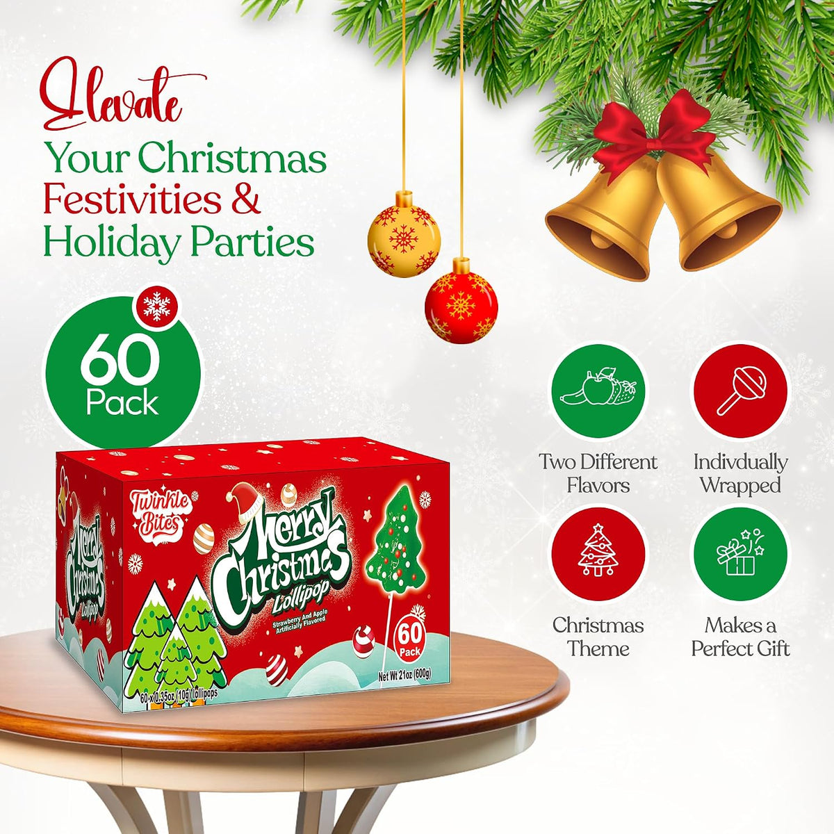 60 Pack Christmas Lollipops - Individually Wrapped Christmas Holiday Themed Hat and Tree Lollipops