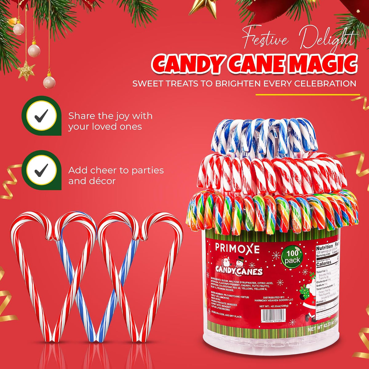 Christmas Candy Canes Assorted Flavors, Tutti Frutti, Blue & White Peppermint Sticks, Red Cherry Mix – 100 Count