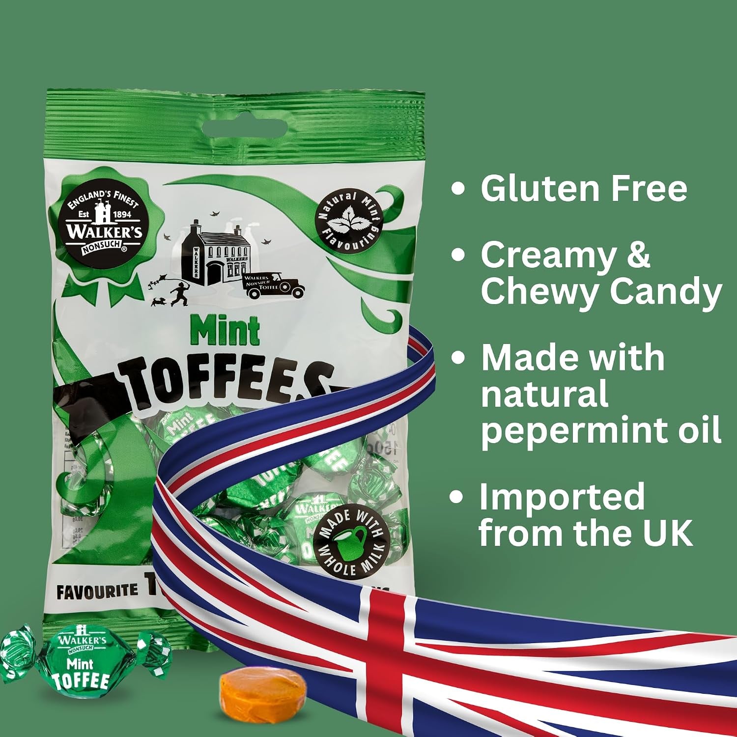 Walkers Nonsuch British Mint Toffee Candy 5.29 Oz (150G) - Natural Mint Flavor, Whole Milk Toffee