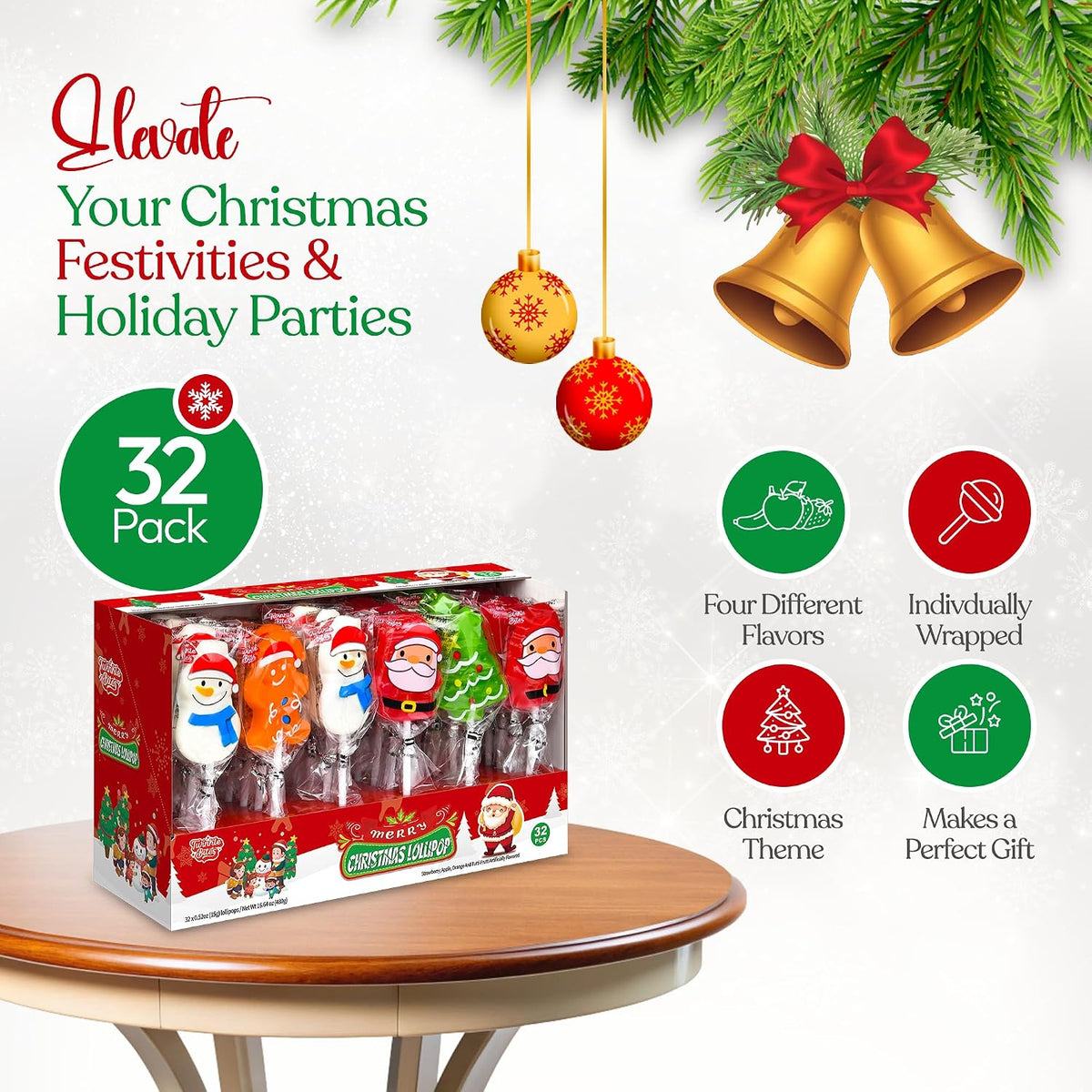 40 Pack Christmas Lollipops - Individually Wrapped Holiday Themed Suckers - Strawberry, Green Apple, Orange, Tutti-Frutti Delicious Flavors