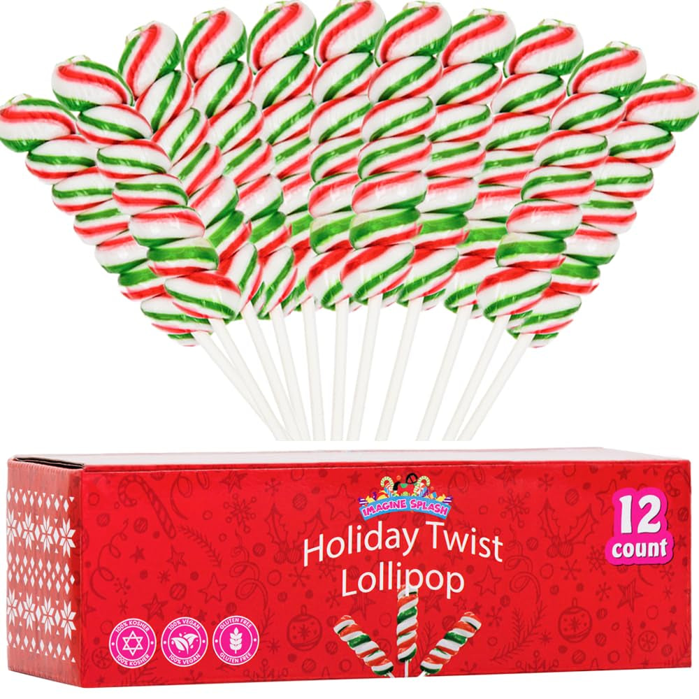 Holiday Twist Lollipops (12 Count) – Red, White & Green, Individually Wrapped, Gluten-Free, Vegan, Dairy-Free Christmas Candy