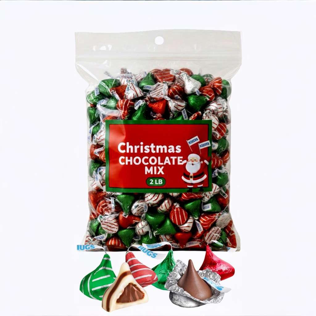Chocolate Christmas Mix, HUGS and SOLID MIX 2LB Pack (Approx. 200 Pieces) of Christmas Candy Individually Wrapped, Delicious Chocolate Kisss in Red, Green, and Silver Foil, Perfect Bulk Christms Candy for Holidays