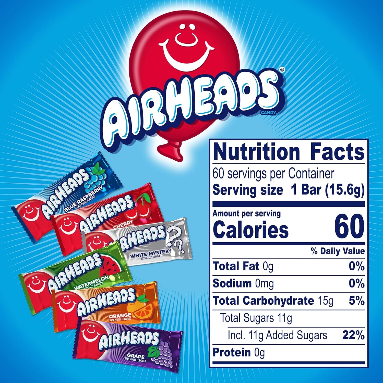 Airheads Full-Size Candy Bars, Taffy Candy Bulk Variety Pack, Individually Wrapped, 60 Count Box