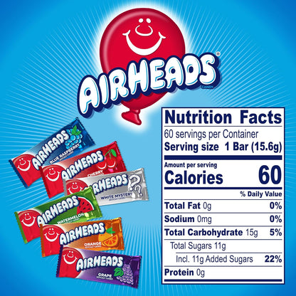 Airheads Full-Size Candy Bars, Taffy Candy Bulk Variety Pack, Individually Wrapped, 60 Count Box