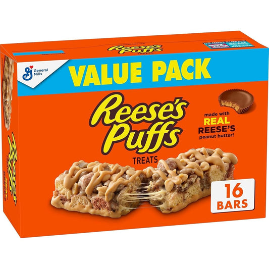 REESE'S Puffs Cereal Treat Bars, Peanut Butter and Cocoa, Snack Bars, Value Pack, 16 Ct