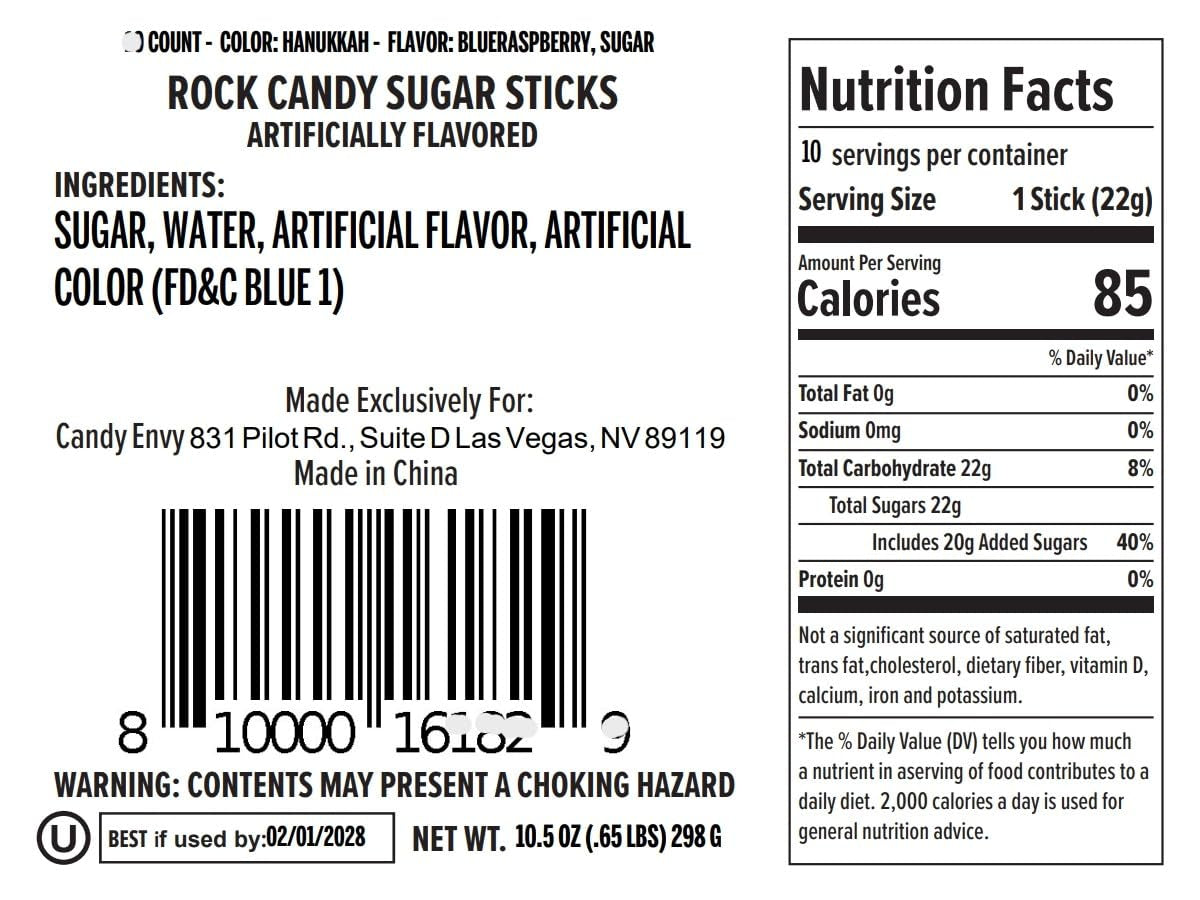 Hanukkah Rock Candy Sugar Sticks - Kosher Certified - 10 Individually Wrapped - Blue & White Candy Party Favors