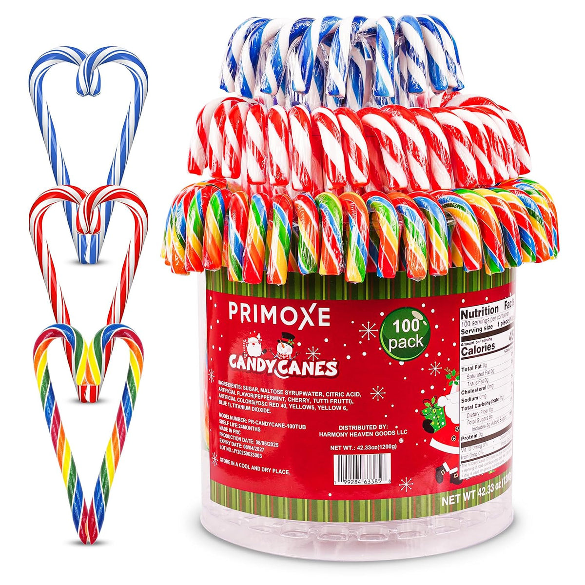 Christmas Candy Canes Assorted Flavors, Tutti Frutti, Blue & White Peppermint Sticks, Red Cherry Mix – 100 Count