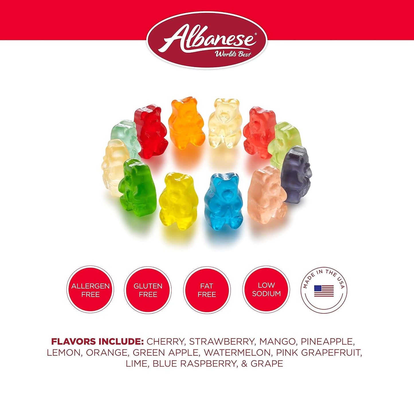 Albanese World's Best 12 Flavor Gummi Bears | 36Oz Bag of Gummy Candy | Cherry, Blue Raspberry, Mango and More